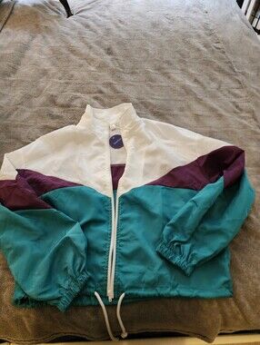 Vintage Colorblock Windbreaker Jacket - Teal, White & Purple
